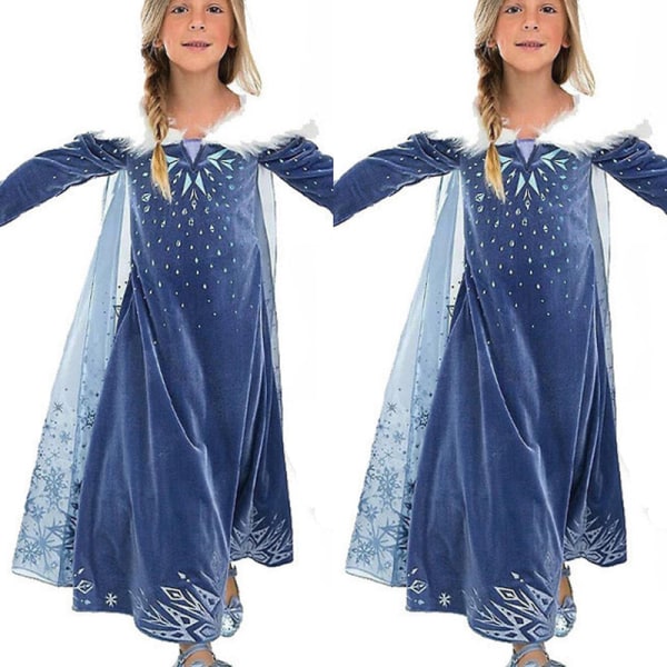 Barn Frozen Queen Elsa Prinsessa Cosplay Kostym Flickor Faux Päls Krage Kappa Klänning - Mörkblå 7-8 Years