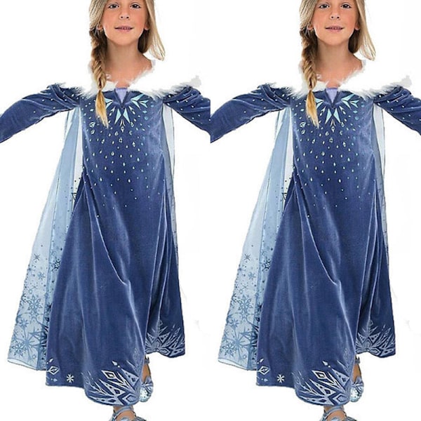 Lasten Frozen Queen Elsa Prinsessan Cosplay-asu Tytöille Tekoturkis Kaulus Vaate - Tummansininen 7-8 Years