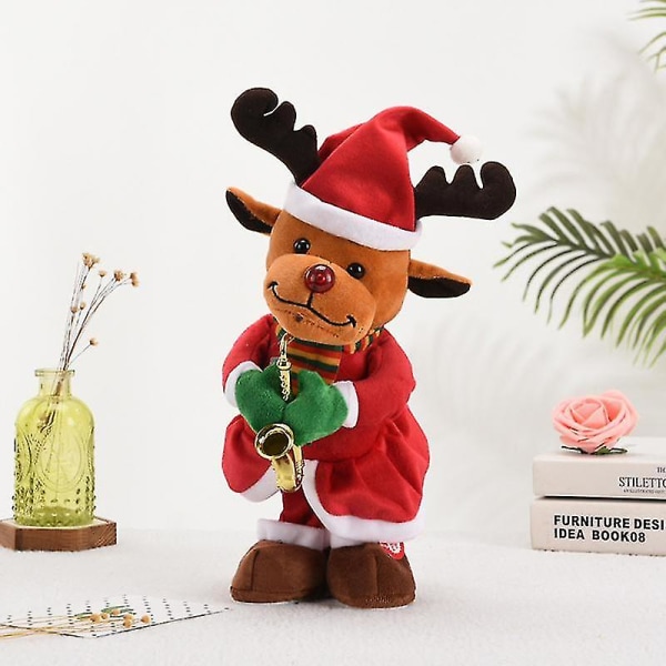 Xmas Theme Electric Blowing Saxophone Santa Twisting Singing Christmas Electric Plush Toys -ES