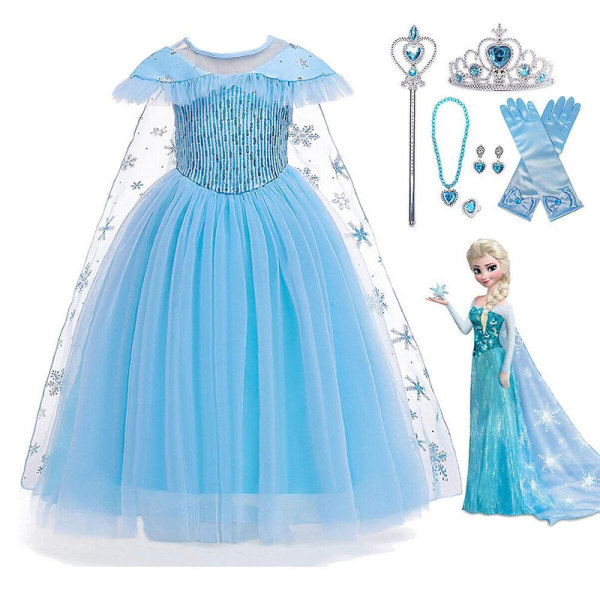 Frozen Elsa-kostym för flickor 3-9 år, prinsessklänning, cosplay-dräkt, festklänning + tillbehör, gåvor 6Years