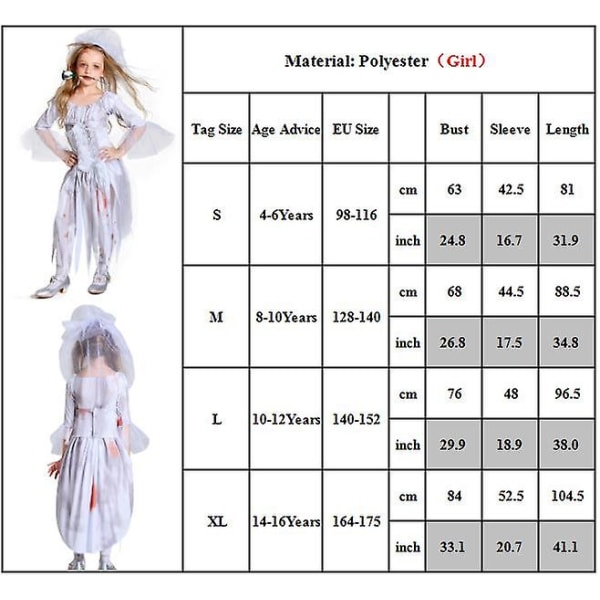 Halloween Party Zombie Bride Vampyr Familie Cosplay Fest Kostyme Dress Up Antrekk Sett For Voksne Barn-Jente 10-12 Years