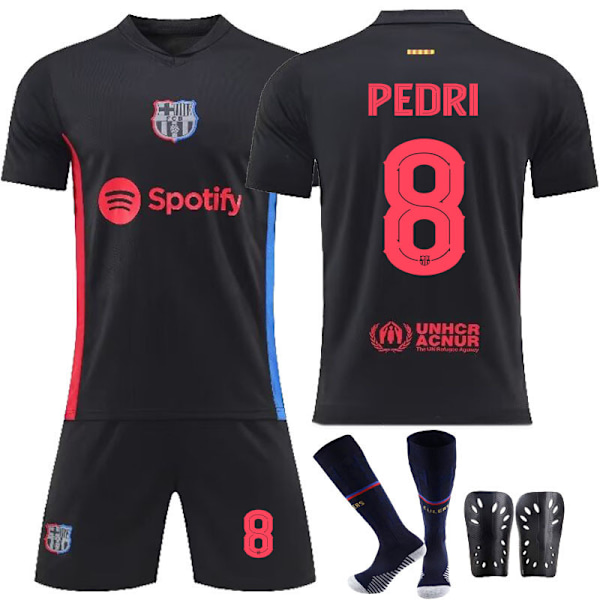 2425 Barcelona borte svart drakt fotballuniform sett-Pedri+sokk+leggbeskyttere M(170-175cm)