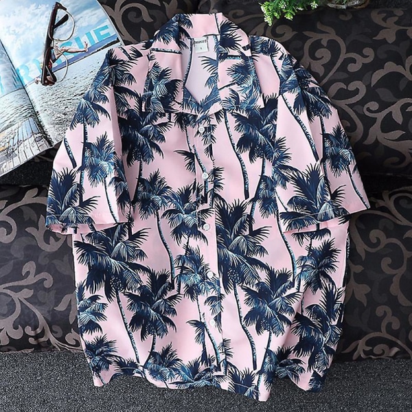 Herr Hawaiian Beach Shirt Kortärmad Button Up Toppar Pink XL