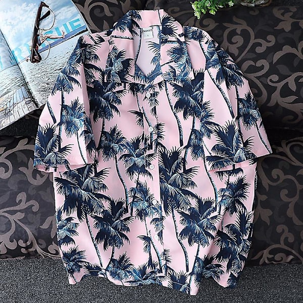 Herre Hawaiian Beach Shirt Kortermet Button Up Topper Pink L