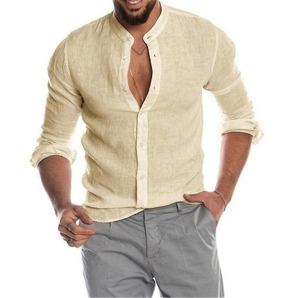 Høyhalset skjorte for menn med knapper, lange ermer, strand-casual topp Khaki M