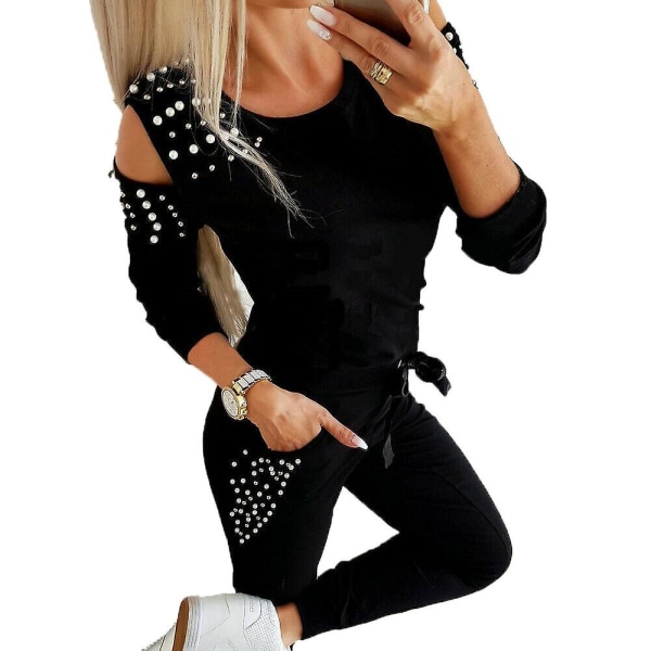 Kvinder langærmet kold skulder Loungewear joggingbukser 2-delt sweatshirt outfits sæt Black L
