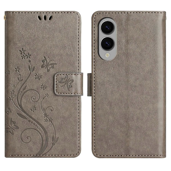 Læder Wallet Case med Sommerfugl og Blomster til Samsung Galaxy S25 Edge med Rem Multicolor Grey