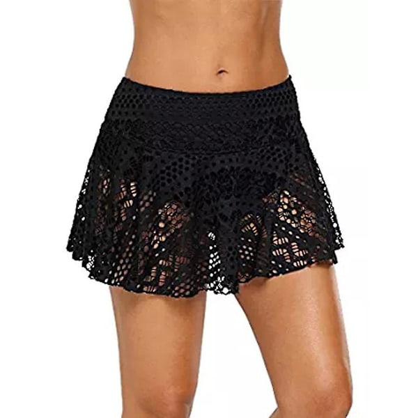 Baddräkt för kvinnor, spetsvirkad bikiniunderdel med kjol, kort skort, simkjol, badkläder för kvinnor Black S