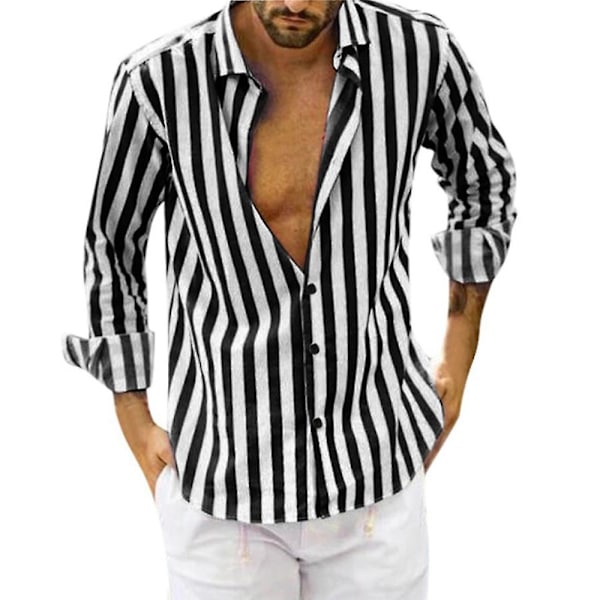 Hvit skjorte for menn med reverskrage, lang erme, striper og knapper Black 2XL
