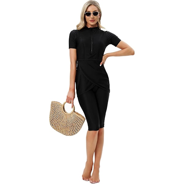Kvinnor Modest Badkläder Islamisk Muslim Baddräkt Kortärmad Dragkedja Fram Top Shorts Byxor Hijab 3st Simdräkt S-4xl Tangrui Black 4XL