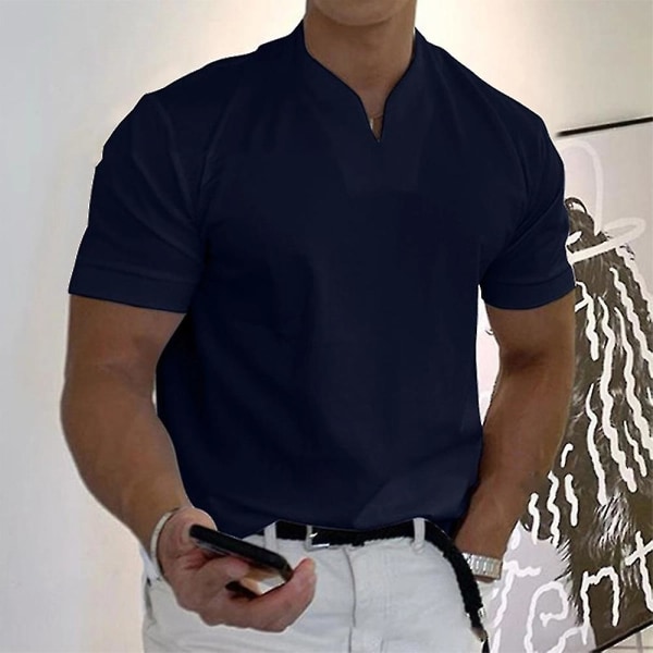 Herre V-hals Kortærmet Retro almindelig T-shirt toppe Navy Blue XL