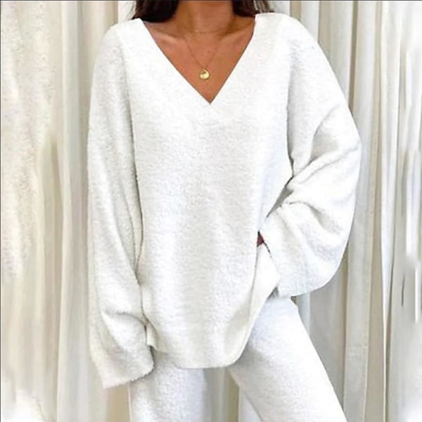 2-delt sett for kvinner - Enkle treningssett med V-hals, løse topper + lange bukser, loungewear, pysjamassett White XL