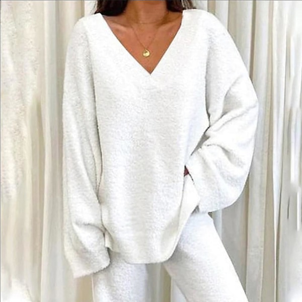 2-pack Damträningsset med V-ringad lös topp + långa byxor Loungewear Pyjamas Set White L