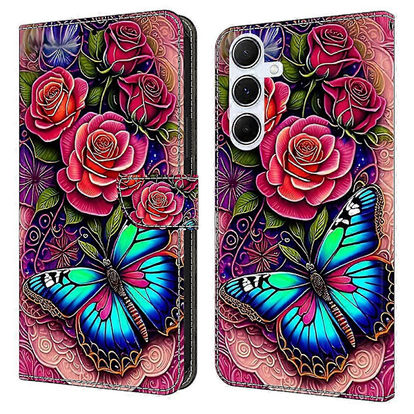 Til Samsung Galaxy A36 5G A56 5G Etui PU Læder Wallet Telefon Cover med Støttefod - Guld Ring Multicolor Colorful Butterfly