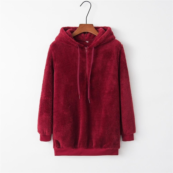 Kvinnlig Teddybjörn Hoodie Jacka Varm Fluffig Huvad Tröja Lös Höst Vinter Toppar Wine Red S