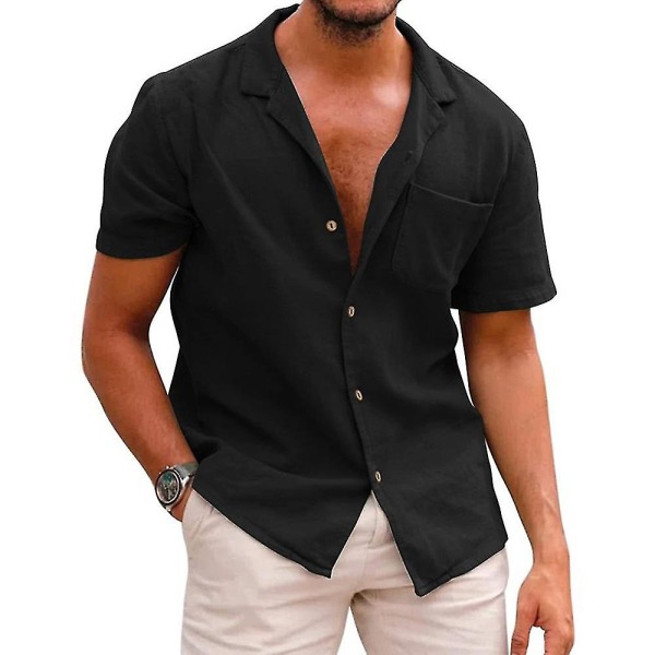 Miesten Summer Lapel Paidat Lyhythihaiset Button Paidat Holiday Casual Topit Black M