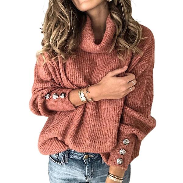 Kvinder strikket trøje almindelig høj hals sweater trøje Casual toppe Brick Red XL