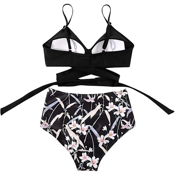 Kvinder Criss Cross Push Up svømmeoverdele Mavekontrol Halter Bikini Højtaljede badedragter Todelte badedragter Black Floral-1 X-Large