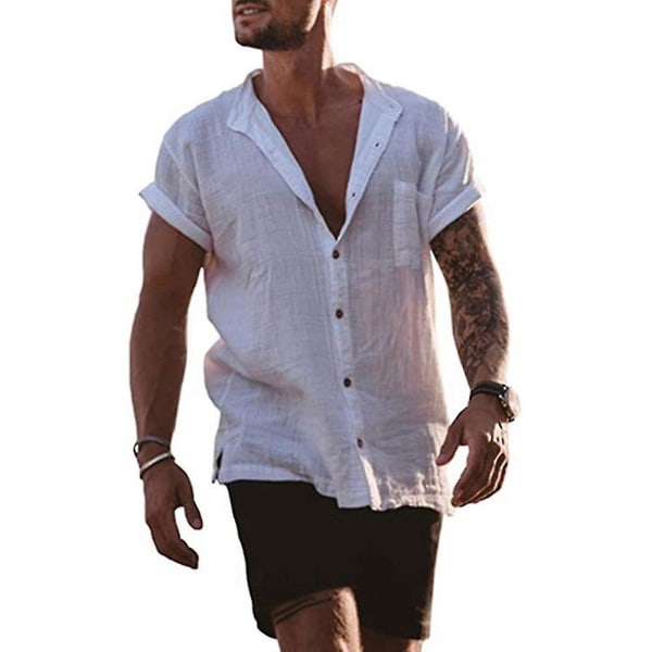 Herr kortärmade skjortor Sommar Casual Button Up Toppar med ficka White XL