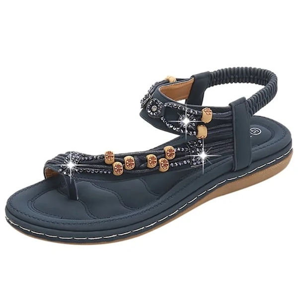 Bohemske sandaler for kvinner 2025 Retrodetaljer med rhinestones og perler Rund tå og flat Blue 39