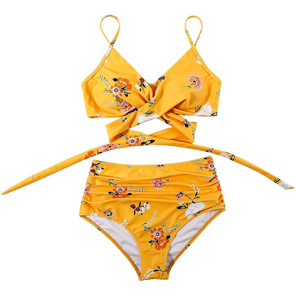 Dametøj Kryds Kors Push Up Badetøj Top Mavekontrol Halter Bikini Højtaljet Badetøj Todelt Badetøj Yellow-5 Medium