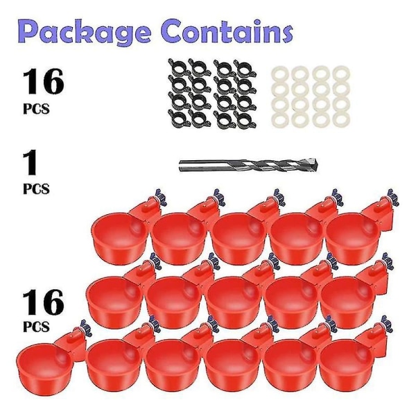 16 Pak Automatiske Vandkopper til Kyllinger Vandkopper til Fjerkræ Vand til Kyllinger Vandkopper med Bor -hg