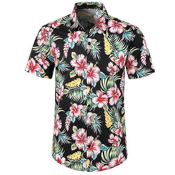 Herre Hawaii Beach Shirt Summer Short Sleeve Button Up skjorter Topper Black Floral S