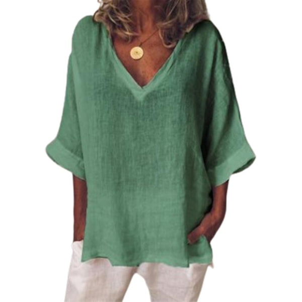Dame V-hals Halværmet T-shirt Sommer Casual Løse Toppe Green 2XL