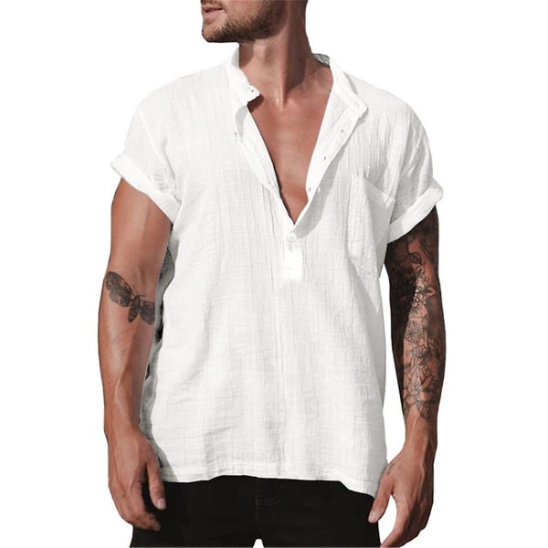 Herrar Toppar Enfärgad Kortärmad Knapp V-Hals Sommar Casual T-shirt White 2XL