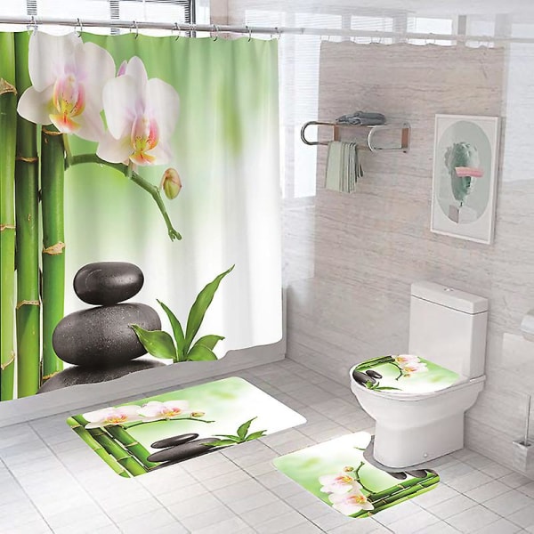 4 delar Zen duschdraperier med halkfri matta, toalettlock och badmatta, vintage vattentät duschdraperi för badrum med 12 krokar