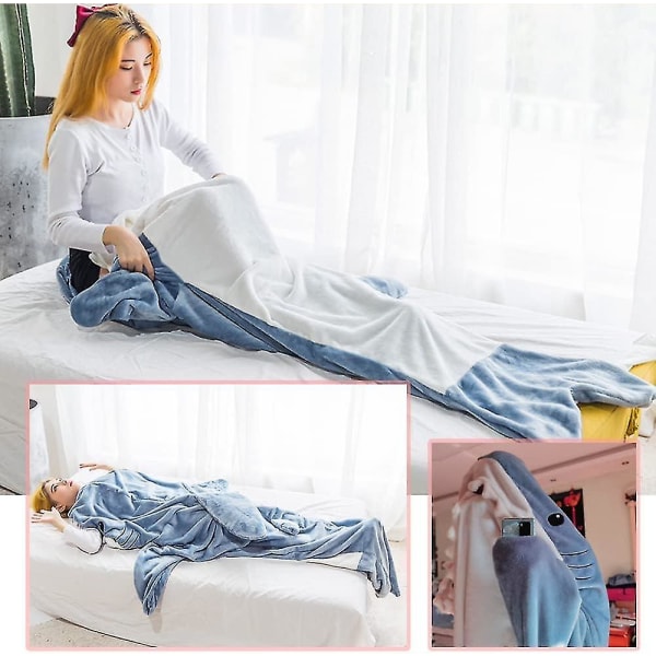 Shark Blanket Voksen Dress Up, Superblød Sofa Snuggle Blanket Shark Blanket Sovepose, Transportabel Shark Blanket Hoodie -ES S