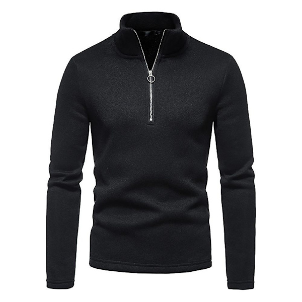 Høyhalset T-skjorte med glidelås for menn - Lang erme, avslappet, pullover Black 2XL