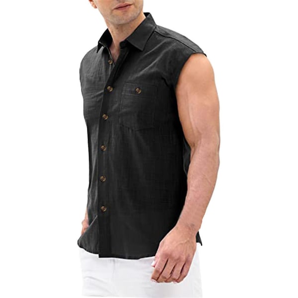 Herre overdele sommer afslappet ærmeløs almindelig skjorte Black 3XL