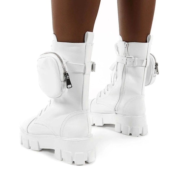 Kvinnliga Combat Ankle Boots Chunky Platform Snörning Zip Biker Skor -ge White 36