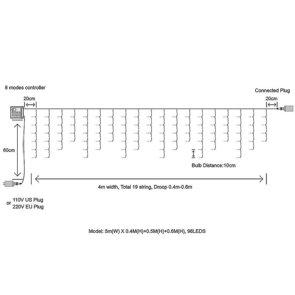 5m Julegardin LED Gardin Islyskjede Lys Dropp 0,4-0,6m AC 220v Hage Gate Utendørs Dekorativ Ferie Lys -yujia -ES Warm white