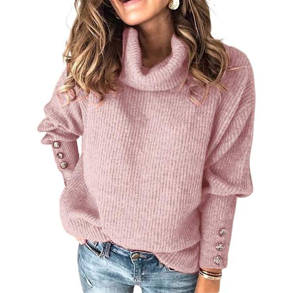 Naisten Neulepaita Yksinkertainen Korkea Kaulus Pusero Rentoutunut Yläosa Pink 4XL