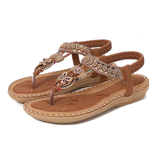 Bohemiska damsandaler sommar 2025 - Rund tå strass Flip-Flop platt komfort Bronzer 36