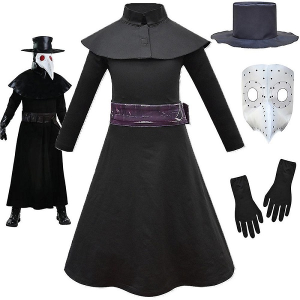 Plague Doctor Cosplay Kids Dress Cylinder Hat Mask Handsker Outfit Til Halloween-Sort 11-12 Years