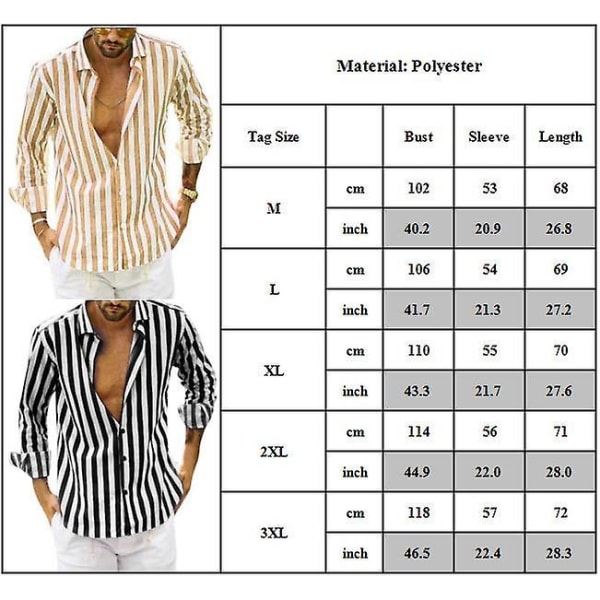 Mens Lapel Neck Shirt Casual långärmad randiga knappar ned toppar Grey 2XL