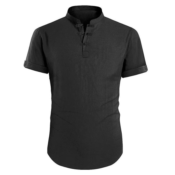 Herre sommer afslappet kortærmet retro almindelig skjorte toppe Black M