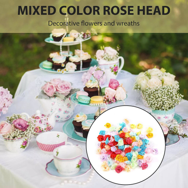 100 st/lot Mini Handgjorda Satin Rose Ribbon Rosetter Tyg Blomma Applikationer för bröllopsdekoration Color mixing