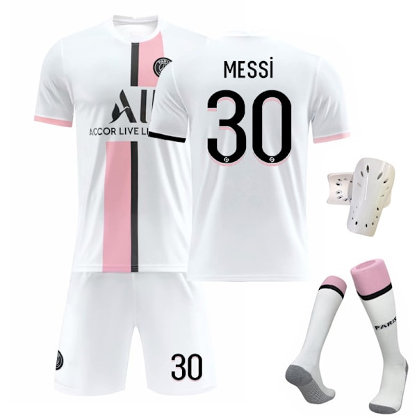 2122 Paris borte hvit drakt Messi fotballuniform + sokk + beskyttelsesutstyr XXL(185-190cm)