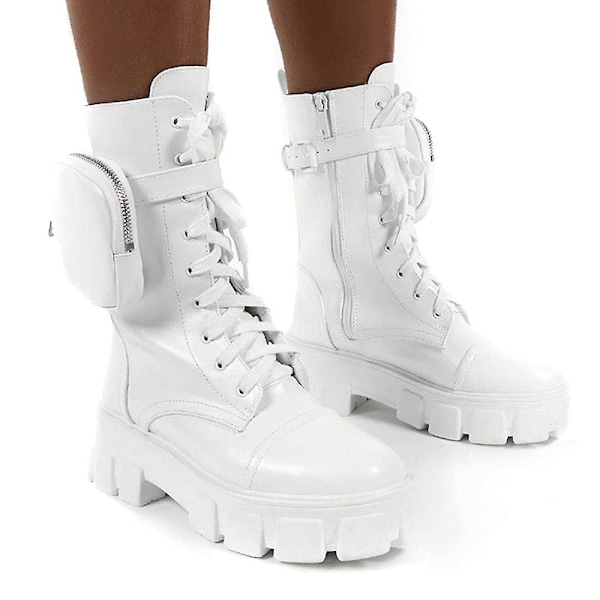 Kvinder kampankelstøvler Chunky Platform Bikersko med snørebånd med lynlås -ge White 43