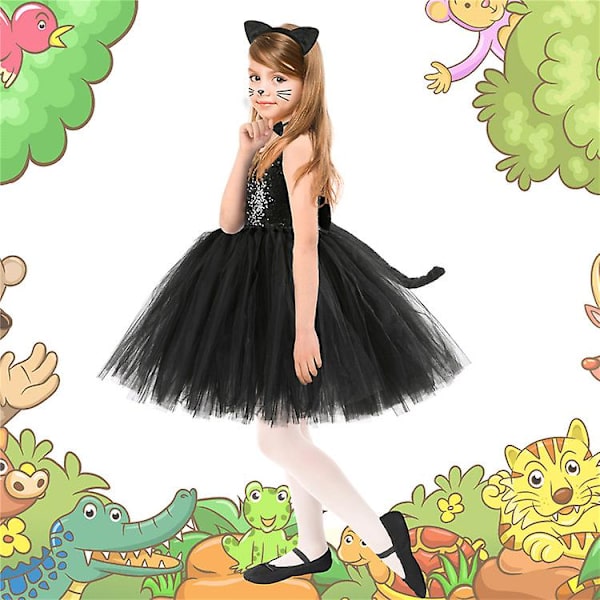 Pigekostume til Piger - Sort Kattedragt til Cosplay, Fest og Karneval med Hårtilbehør og Hale -hg 10T(140-150CM)