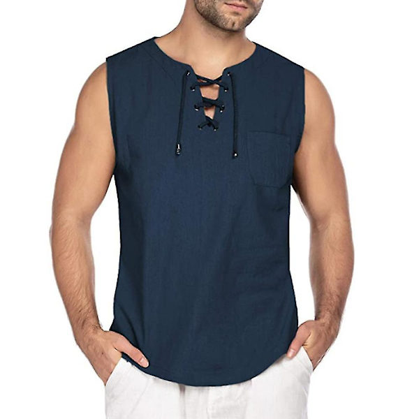 Mænds Sommer Ærmeløs T-shirt Snøre Mode Almindelig Vest Tank Tops Dark Blue M