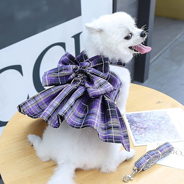 Ruudullinen koiran mekko rusetti koiran vaatteet tytöille säädettävät pentujen kesämekot hihnalla Lemmikkivaatteilla, yhteensopiva kissojen kanssa -ES Purple L