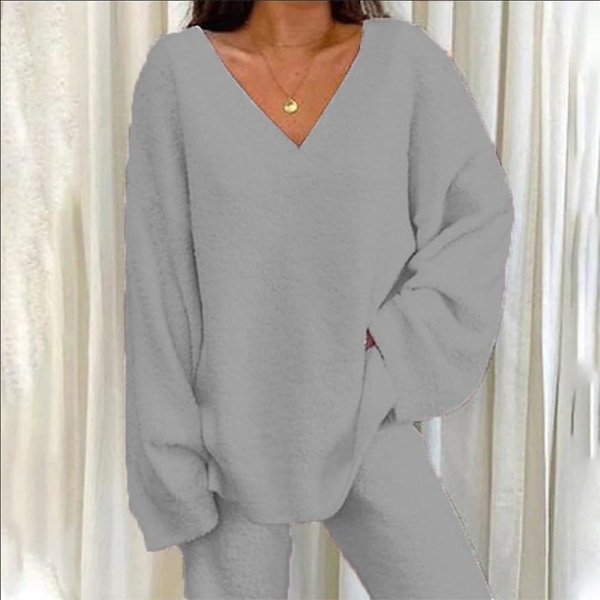 2 stk./sæt Kvinders Enkle Tracksuit Sæt V-hals Løse Toppe + Lange Bukser Loungewear Pyjamas Sæt Light Gray S