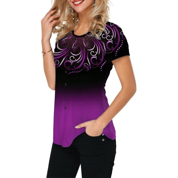 Kvinners Gradient Knapp Korte Ermer T-skjorte Sommer Casual Topper Purple 3XL