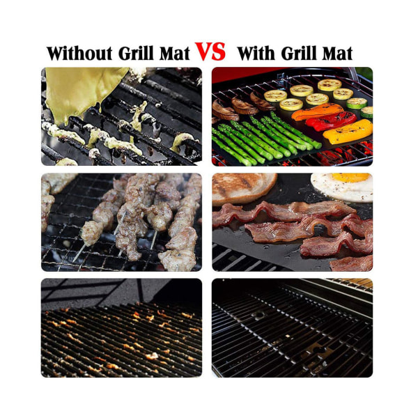 6 STK Grillmatte 100 % non-stick BBQ Grill- og bakematter Gjenbrukbare - Svart