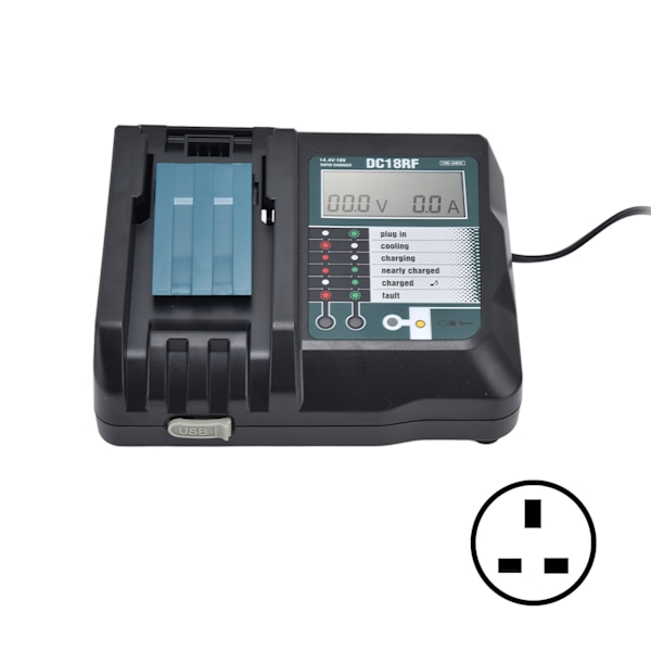 Li-ion Batterilader Flere Beskyttelser Enkel Praktisk Rustfri USB Batterilader til DC18RA 100‑240VUK